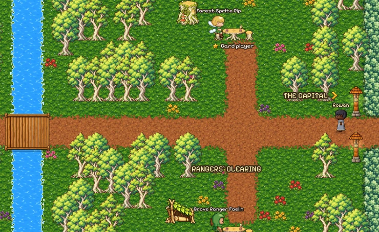 The Silverwood in the game: a blue river with a wooden bridge, pale-barked trees, Forest Sprite Pip at a card table, and Grove Ranger Faelin's camp in the Rangers' Clearing.