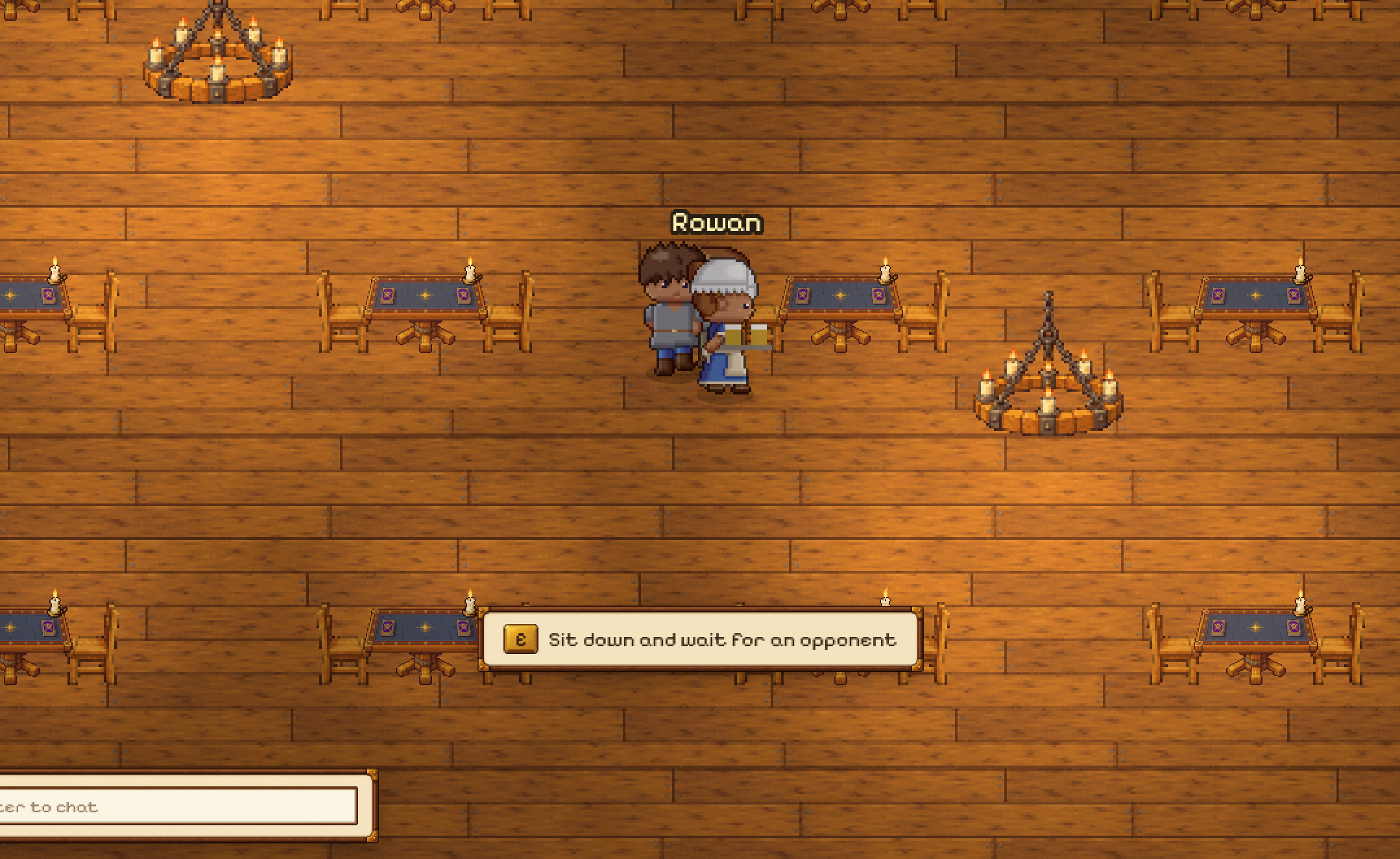 The tavern hall in the game: rows of card tables on a wooden floor under candle chandeliers.