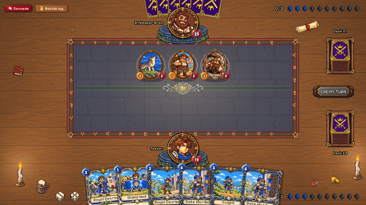 Innkeeper Bram's turn: three of his creatures on the board, the player's hand waiting below.