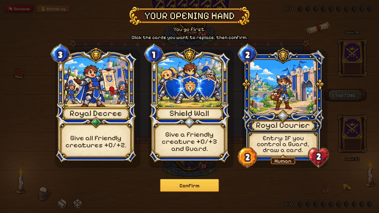 The opening hand against Innkeeper Bram: three Kingdom cards to keep or swap, and a Confirm button.
