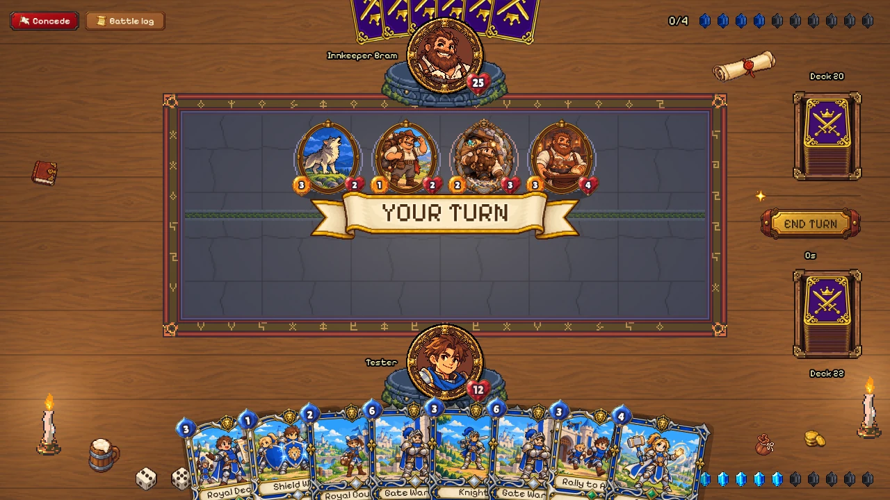 A match on the tavern table against Innkeeper Bram: a YOUR TURN banner over the board, four creatures on Bram's side, a hand of Kingdom cards below, mana crystals at the right.