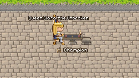 The Crownlands in the game: Queen Elara the Unbroken at her card table in the stone courtyard of the Royal Keep.