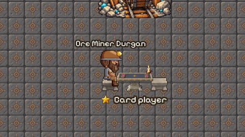 The Ironpeaks in the game: Ore Miner Durgan at his card table on the paved floor below the mine's entrance.