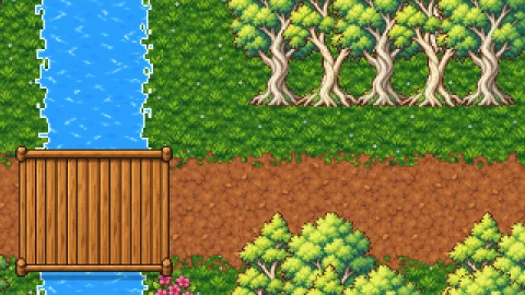 The Silverwood in the game: a blue river crossed by a wooden bridge, and pale-barked trees along a dirt road.