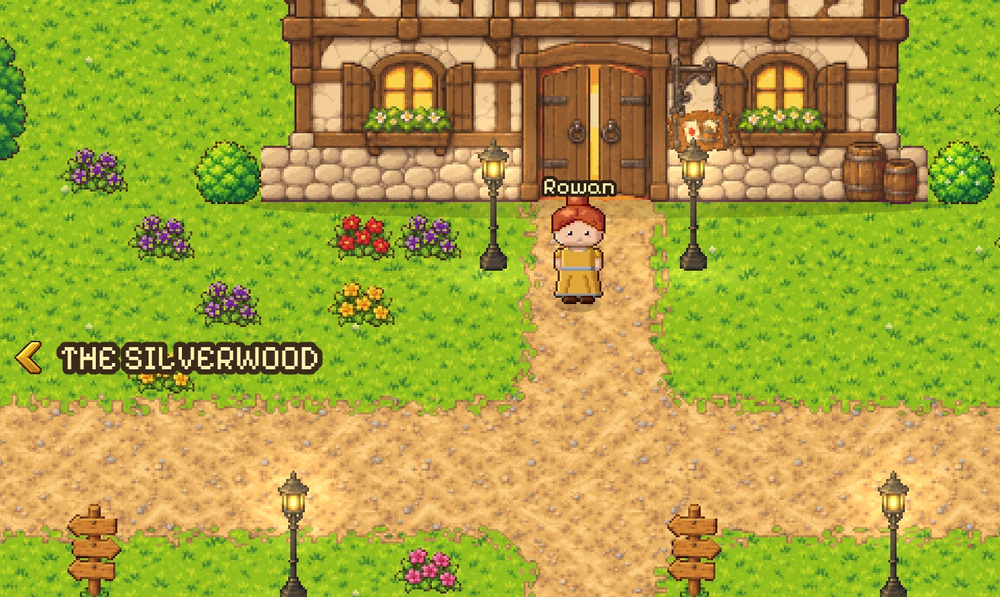 A crossroads in the capital: a player in front of the tavern, wooden signposts, and a sign pointing the way to the Silverwood.