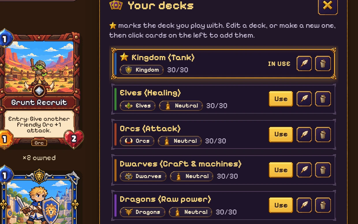 The deck builder: a list of saved decks, one per faction, with the deck in use marked.