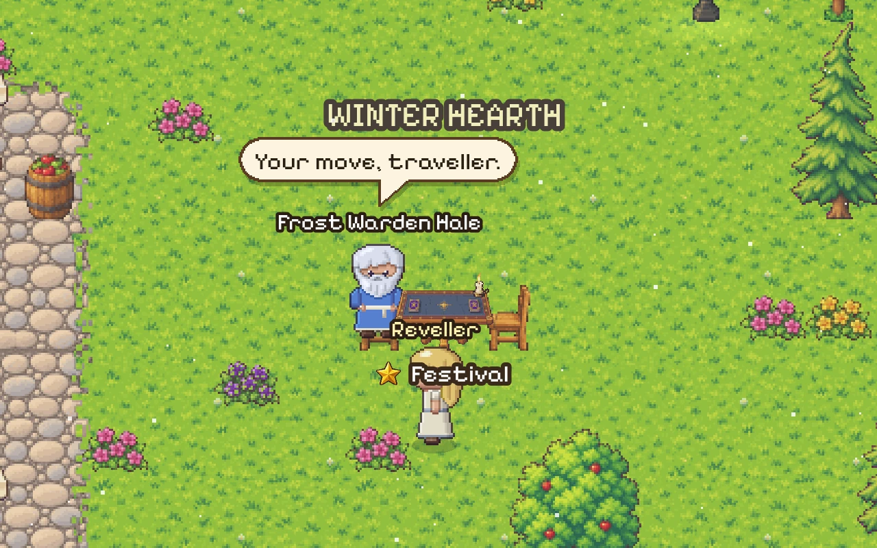 The Winter Hearth corner by the Market Square in a test of the festival: a card table, the Frost Warden and a festival sign.