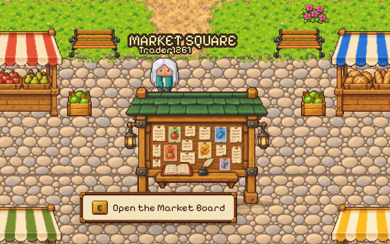 The Market Square: market stalls around the Market Board, and a prompt to open it.
