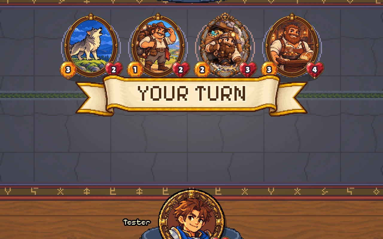 A match at a tavern table: a YOUR TURN banner under four of Innkeeper Bram's creatures.