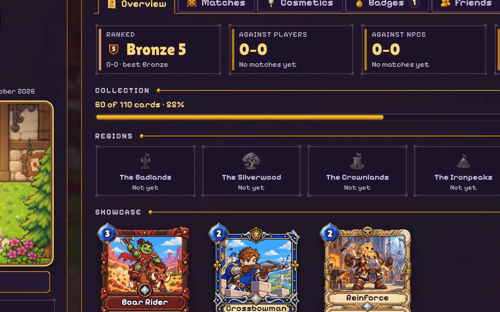 A player's profile: ranked league, records, collection, regions and a showcase of three cards.