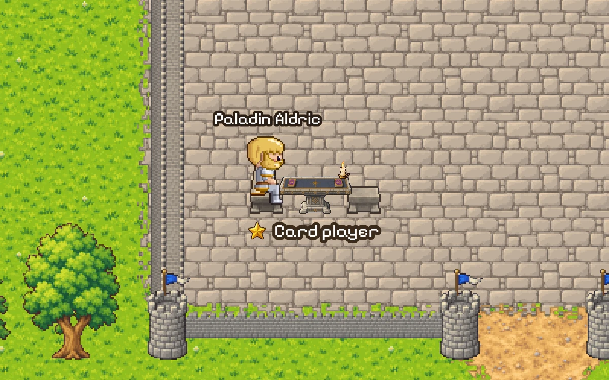 Paladin Aldric at his card table by a castle wall in the Crownlands.