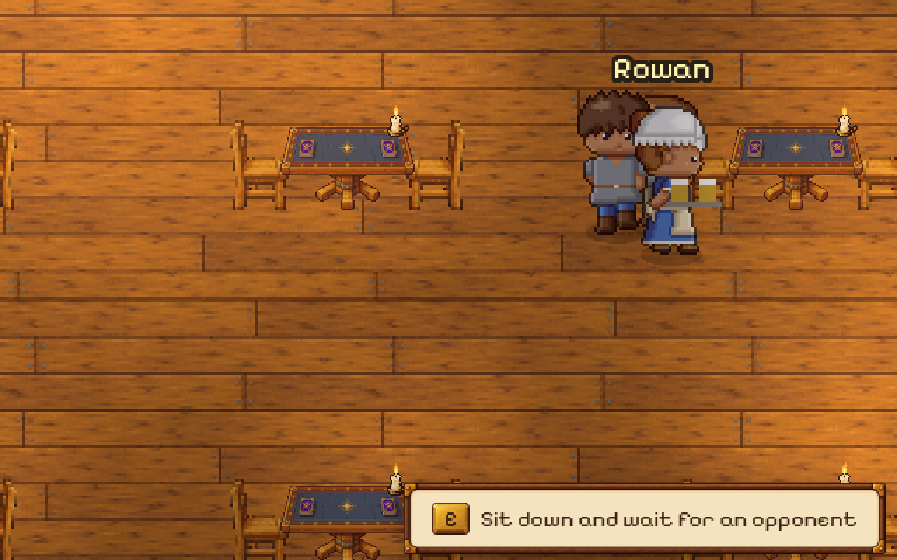 The tavern hall: card tables on a wooden floor and a prompt to sit down and wait for an opponent.