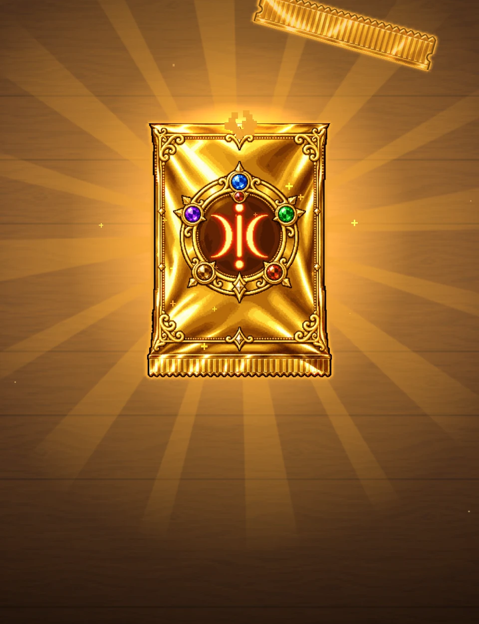A Gold Pack on the tavern table, its foil strip torn off and flying away, the pack blazing with golden rays: it holds a Legendary.