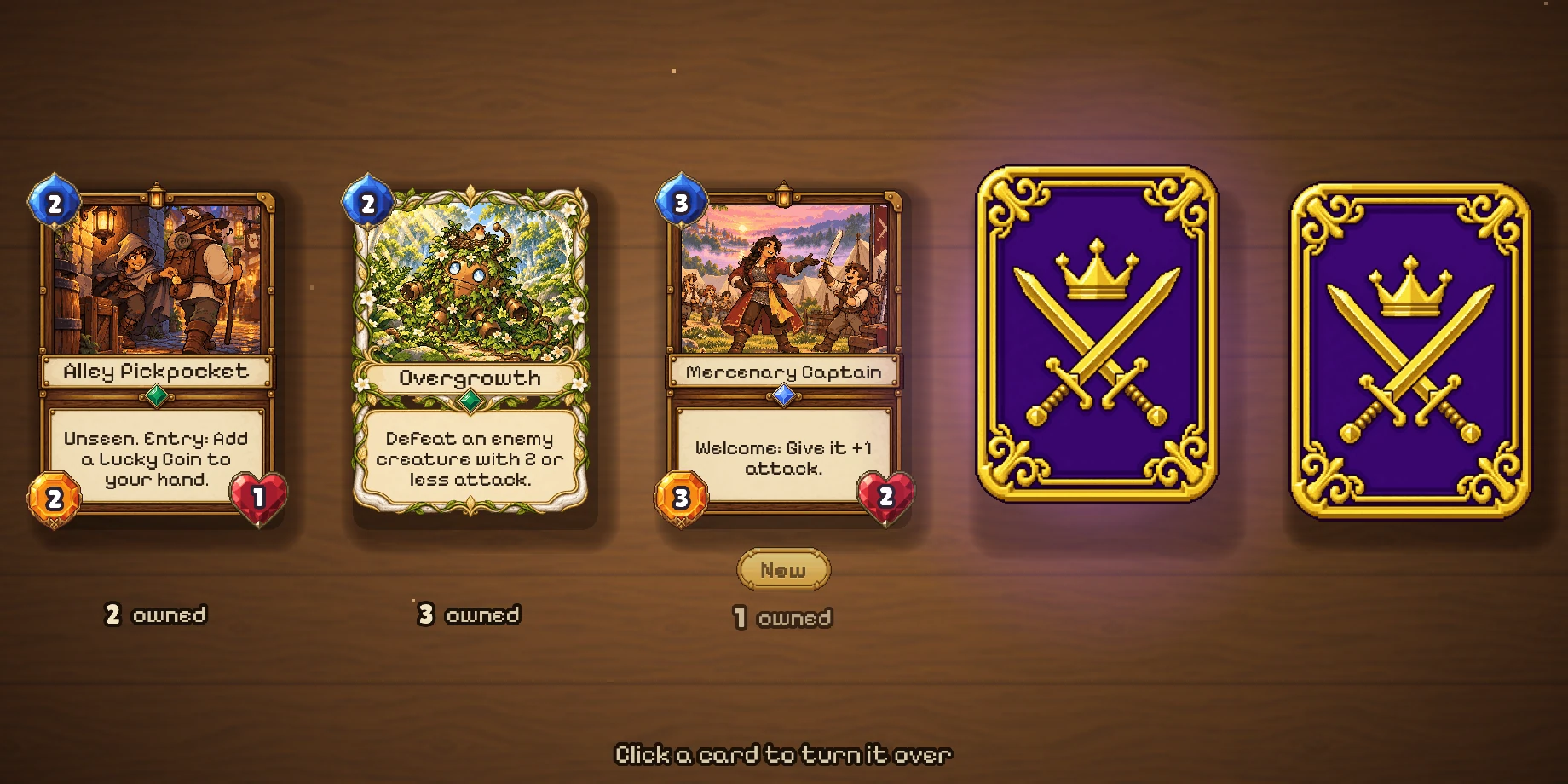 Three cards turned, Alley Pickpocket, Overgrowth and Mercenary Captain, the last marked New; the fourth card gathers a purple light as it starts to turn: an Epic.
