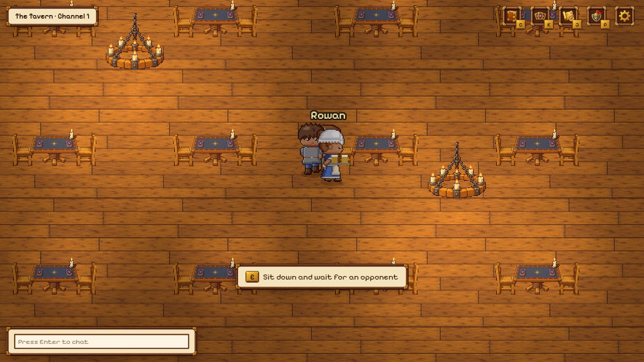 The tavern hall: rows of card tables on a wooden floor under candle chandeliers, and a prompt to sit down and wait for an opponent.