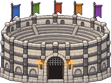 The capital's arena: a round stone building with five faction banners on its walls.